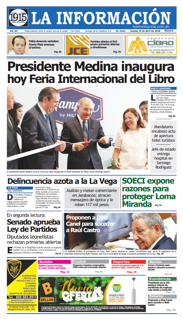 Portada Periódico La Información, Jueves 19 de Abril 2018