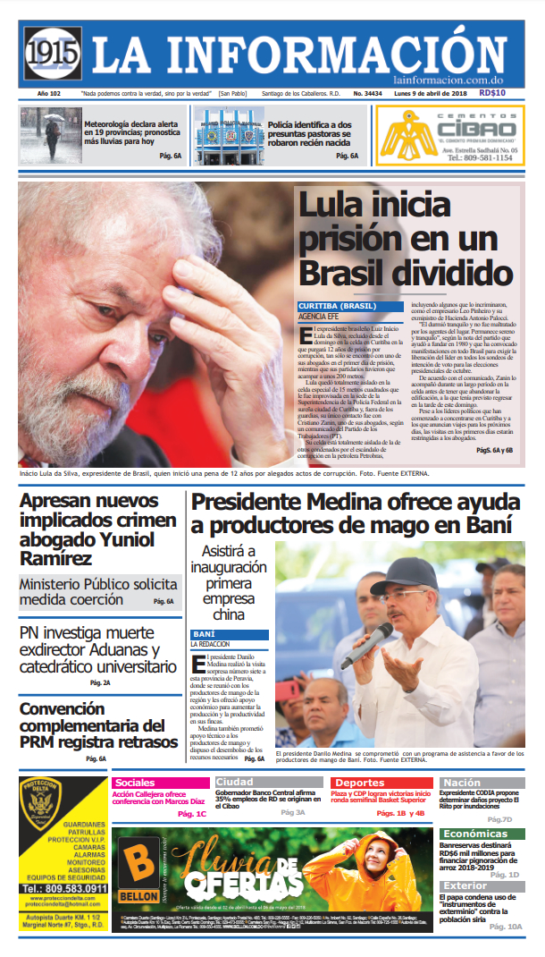 Portada Periódico La Información, Lunes 09 de Abril 2018