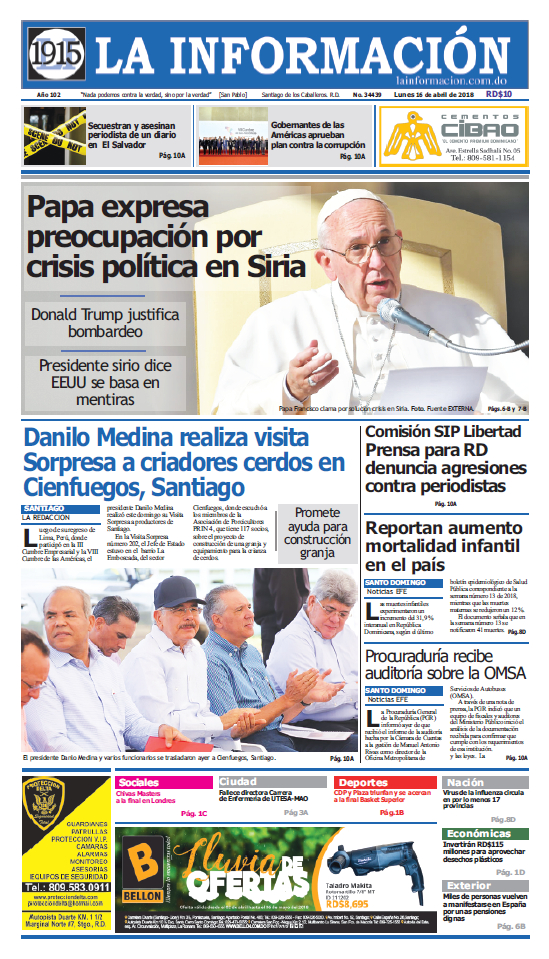 Portada Periódico La Información, Lunes 16 de Abril 2018