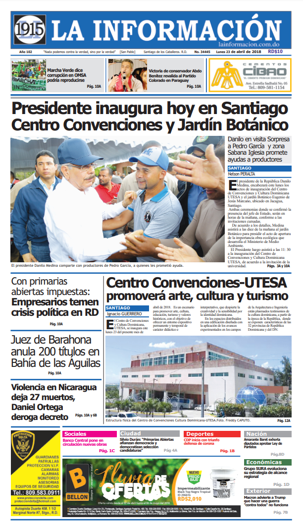 Portada Periódico La Información, Lunes 23 de Abril 2018