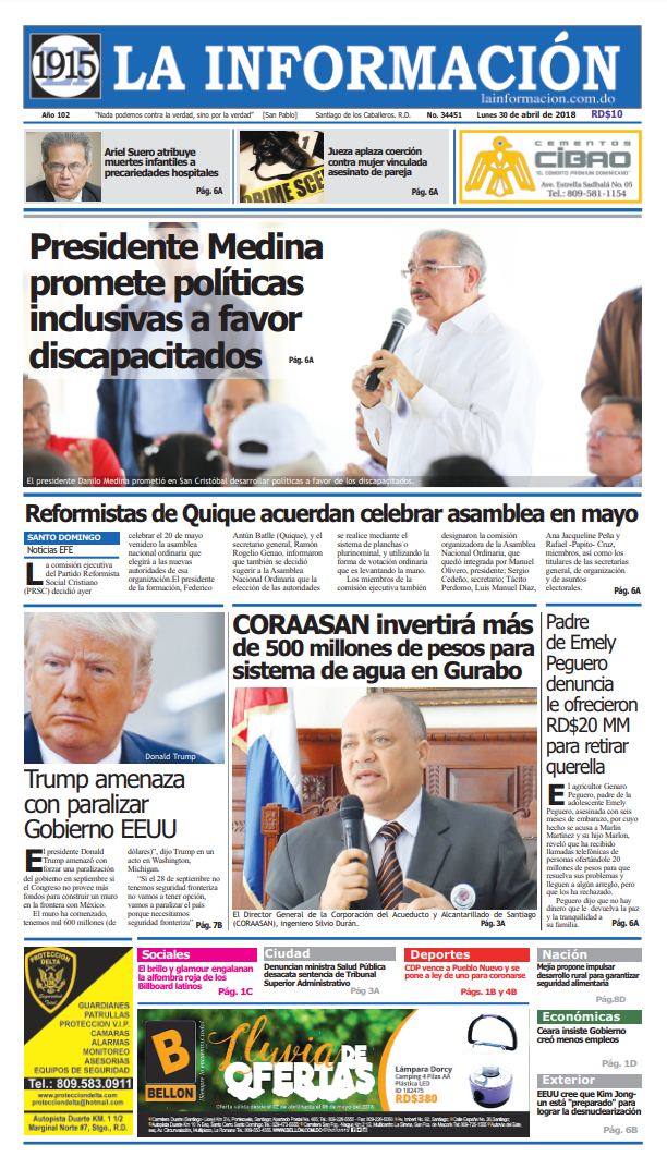 Portada Periódico La Información, Lunes 30 de Abril 2018