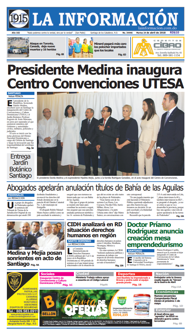 Portada Periódico La Información, Martes 24 de Abril 2018