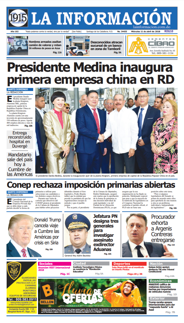 Portada Periódico La Información, Miércoles 11 de Abril 2018