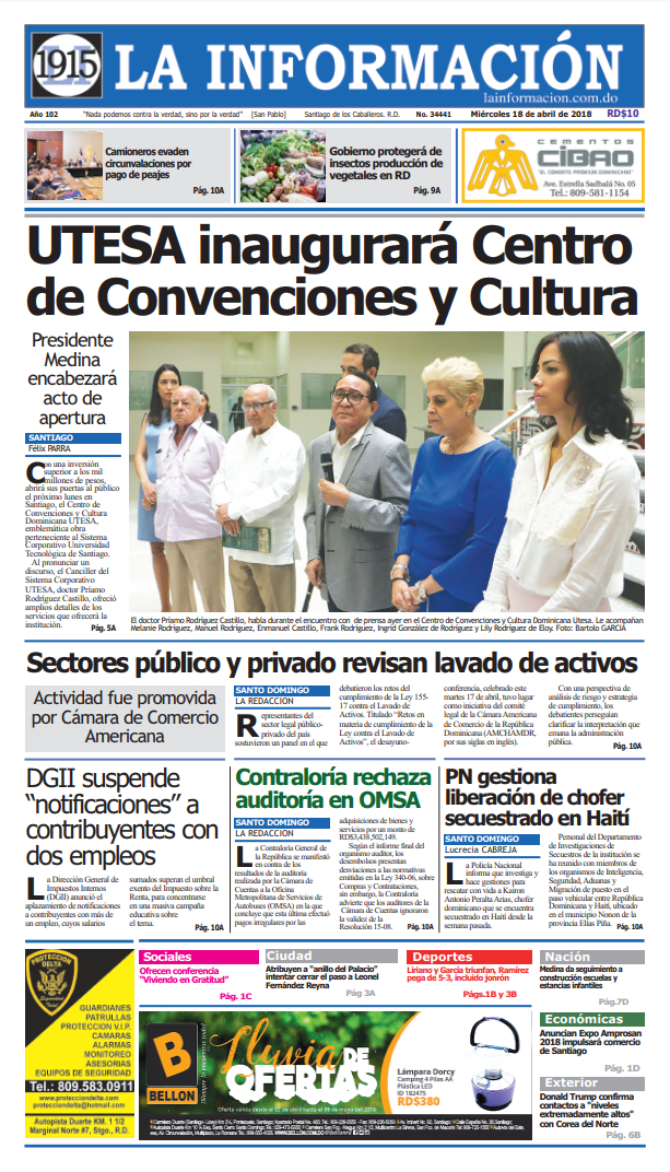 Portada Periódico La Información, Miércoles 18 de Abril 2018