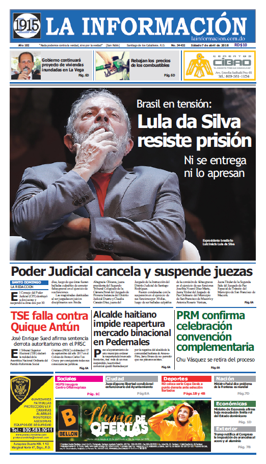 Portada Periódico La Información, Sábado 07 de Abril 2018