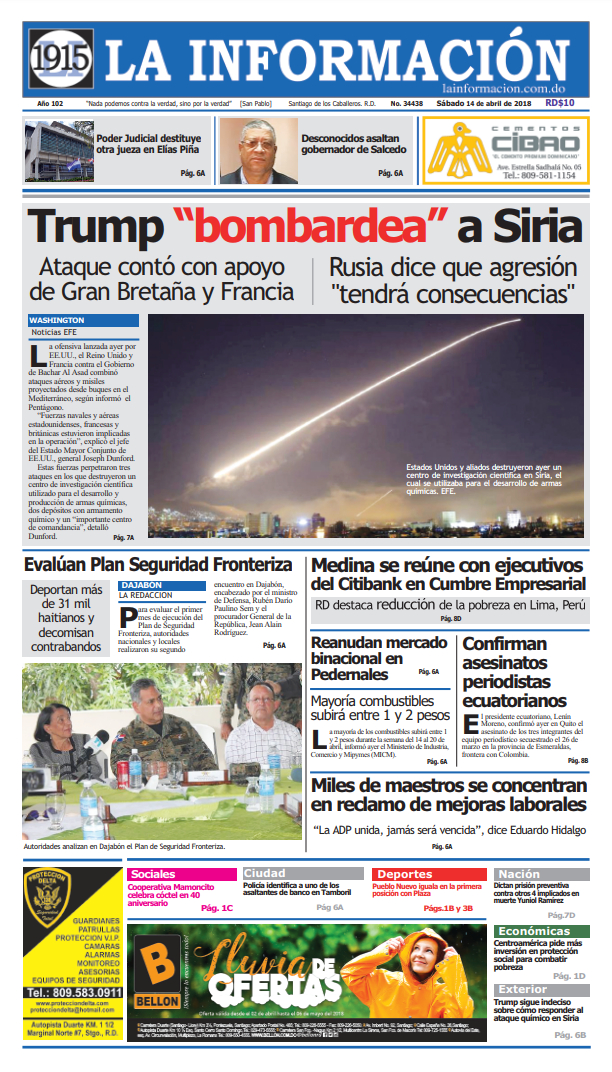 Portada Periódico La Información, Sábado 14 de Abril 2018