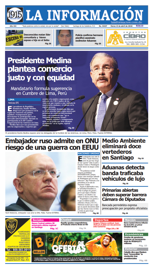 Portada Periódico La Información, Viernes 13 de Abril 2018