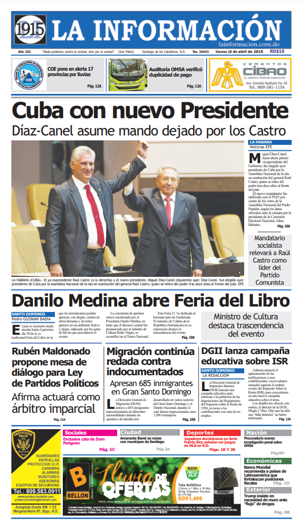 Portada Periódico La Información, Viernes 20 de Abril 2018