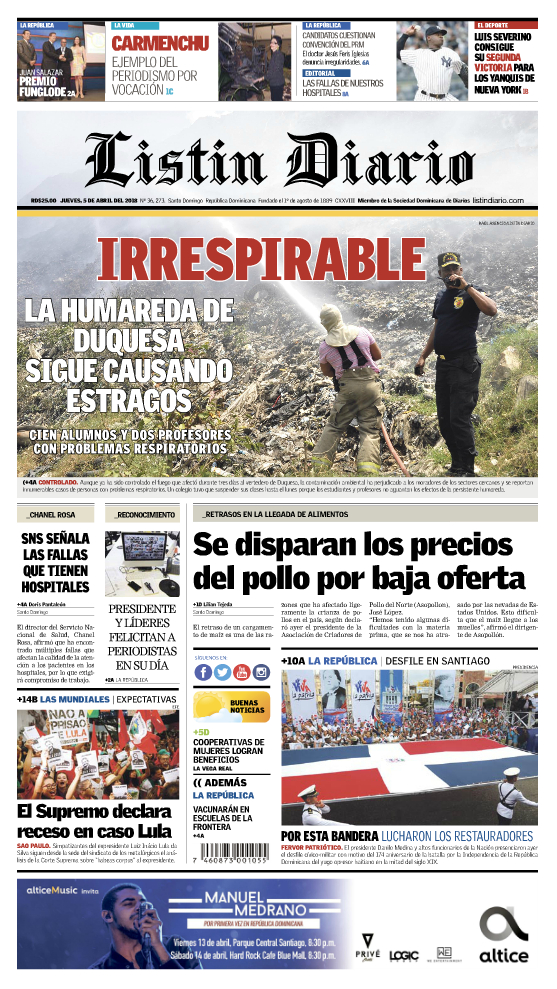 Portada Periódico Listín Diario, Jueves 05 de Abril 2018