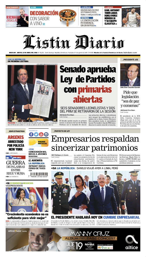 Portada Periódico Listín Diario, Jueves 12 de Abril 2018