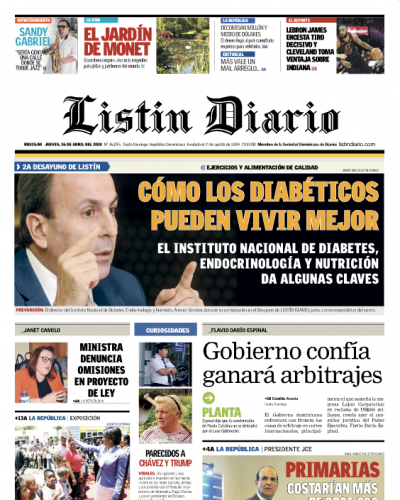 Portada Periódico Listín Diario, Jueves 26 de Abril 2018