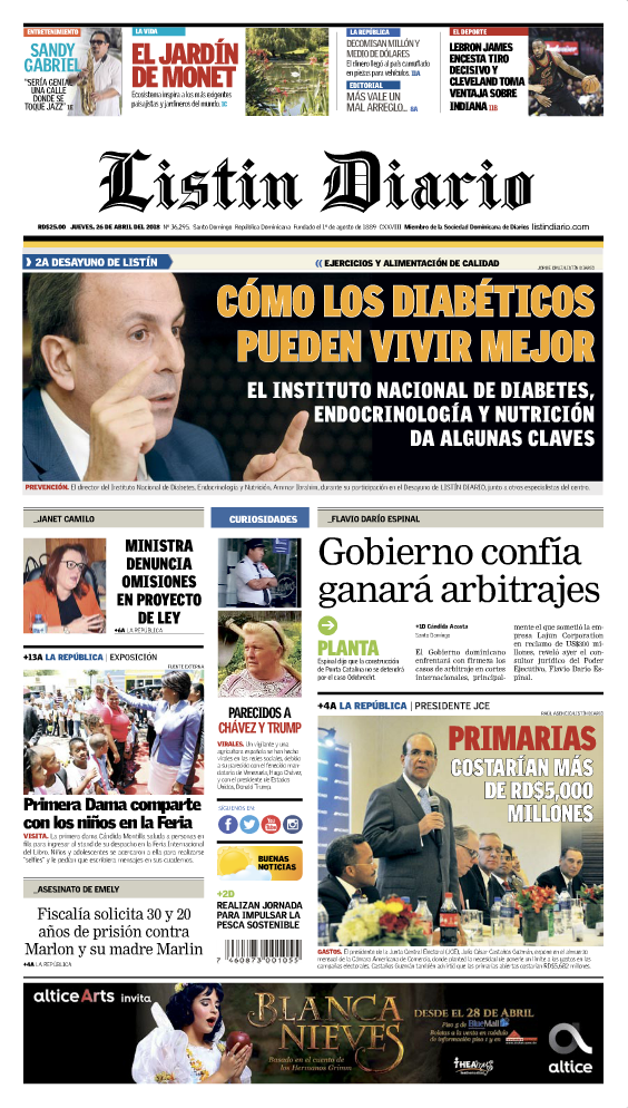 Portada Periódico Listín Diario, Jueves 26 de Abril 2018