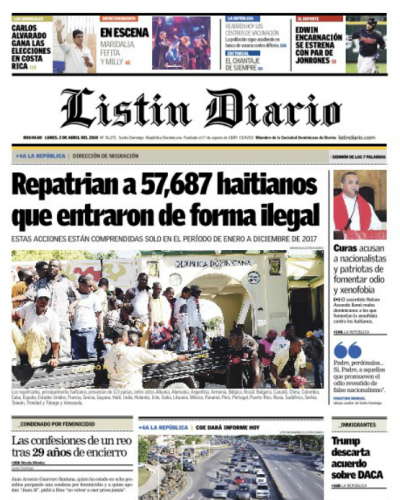 Portada Periódico Listín Diario, Lunes 02 de Abril 2018