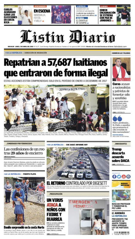 Portada Periódico Listín Diario, Lunes 02 de Abril 2018