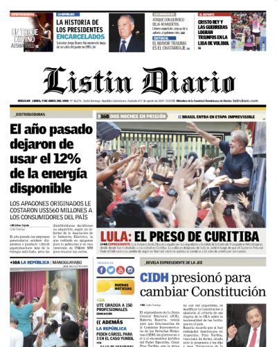 Portada Periódico Listín Diario, Lunes 09 de Abril 2018