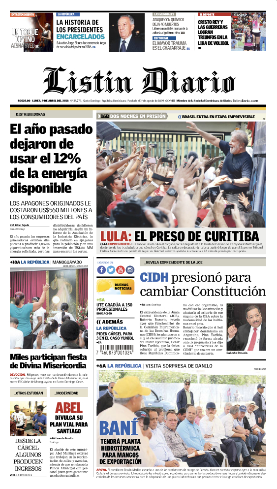 Portada Periódico Listín Diario, Lunes 09 de Abril 2018