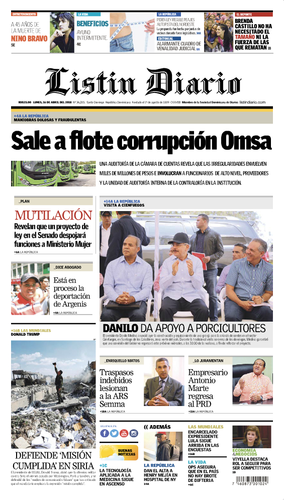 Portada Periódico Listín Diario, Lunes 16 de Abril 2018