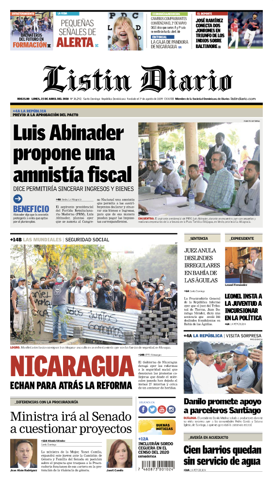 Portada Periódico Listín Diario, Lunes 23 de Abril 2018