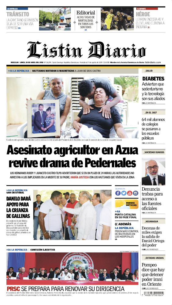 Portada Periódico Listín Diario, Lunes 30 de Abril 2018