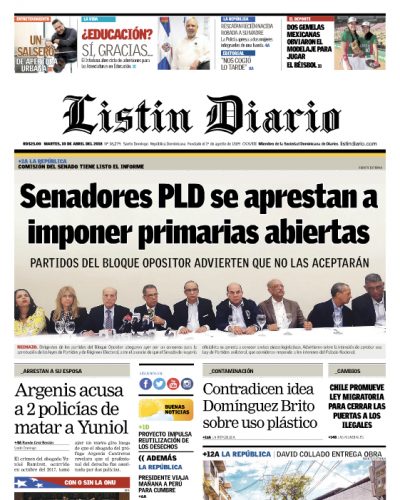 Portada Periódico Listín Diario, Martes 10 de Abril 2018