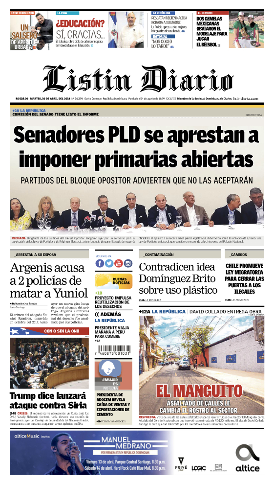 Portada Periódico Listín Diario, Martes 10 de Abril 2018