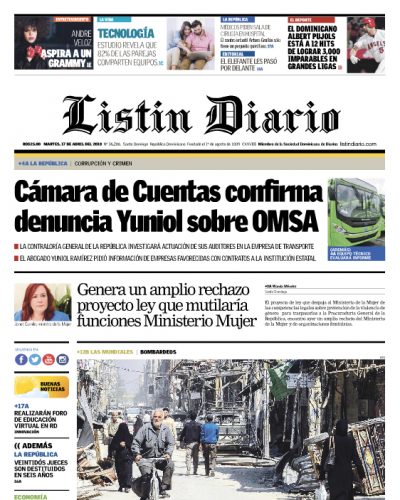Portada Periódico Listín Diario, Martes 17 de Abril 2018
