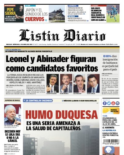 Portada Periódico Listín Diario, Miércoles 04 de Abril 2018