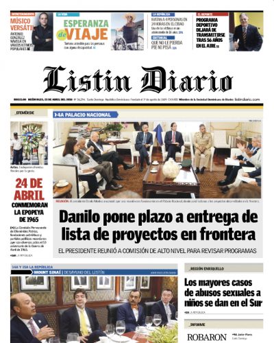 Portada Periódico Listín Diario, Miércoles 25 de Abril 2018