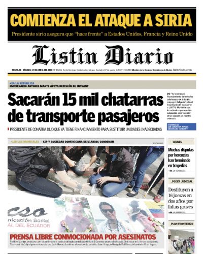 Portada Periódico Listín Diario, Sábado 14 de Abril 2018