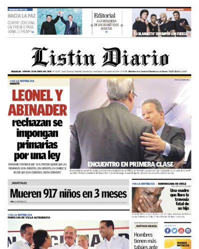 Portada Periódico Listín Diario, Sábado 28 de Abril 2018