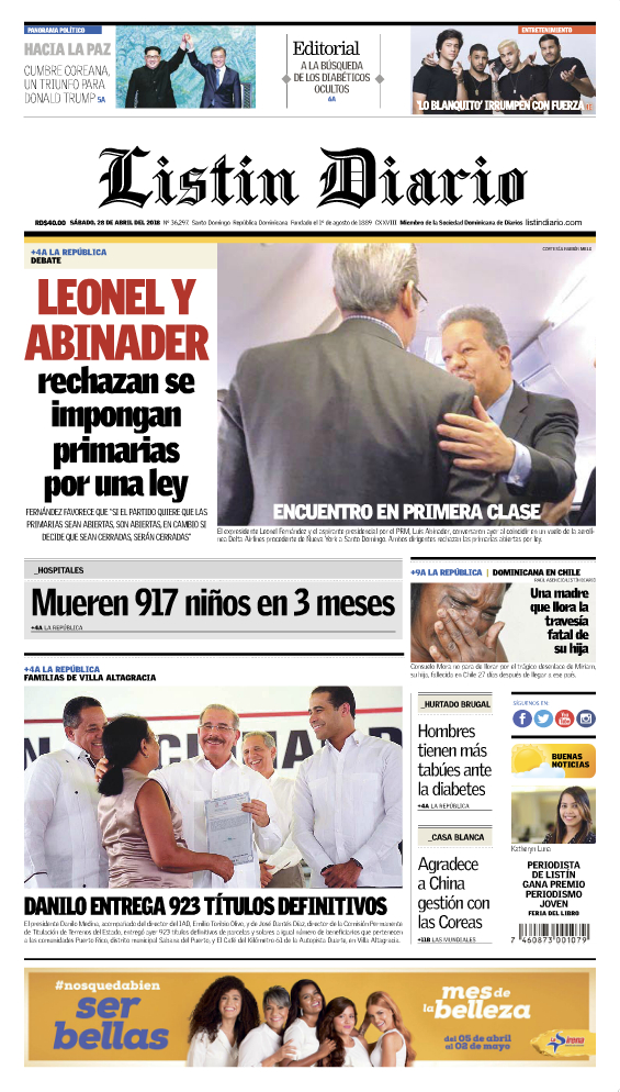 Portada Periódico Listín Diario, Sábado 28 de Abril 2018