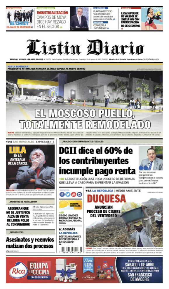 Portada Periódico Listín Diario, Viernes 06 de Abril 2018