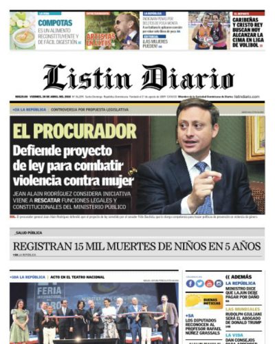 Portada Periódico Listín Diario, Viernes 20 de Abril 2018