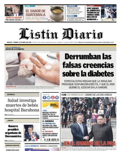 Portada Periódico Listín Diario, Viernes 27 de Abril 2018