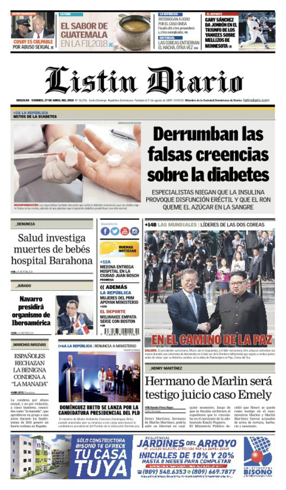 Portada Periódico Listín Diario, Viernes 27 de Abril 2018