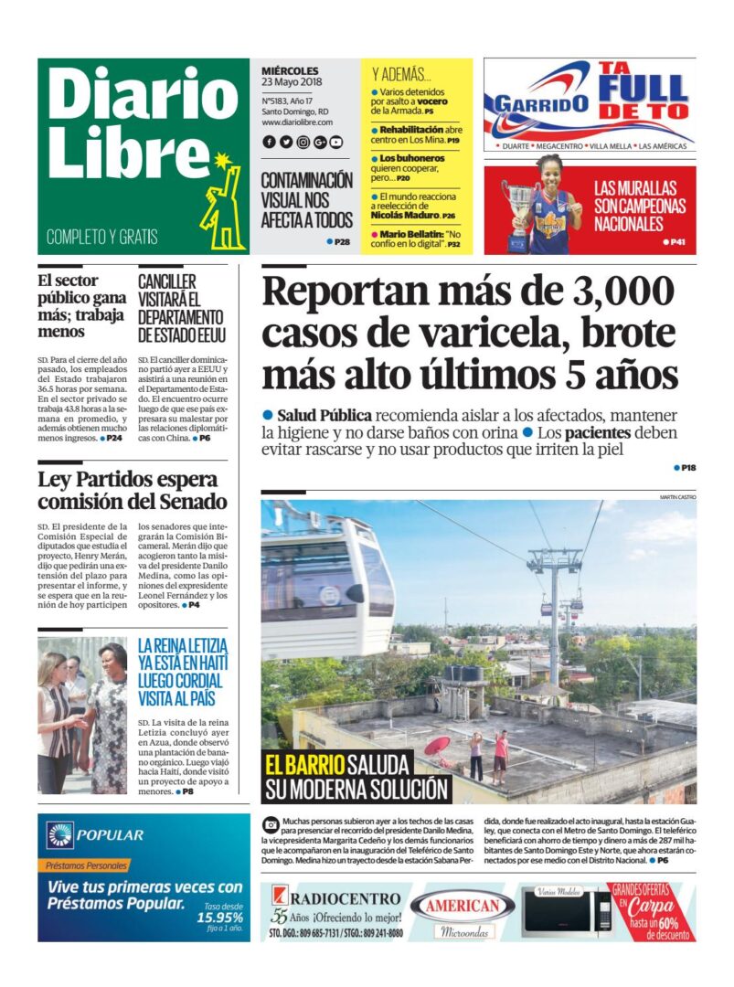 Portada Periódico Diario Libre, Miércoles 23 de Mayo 2018