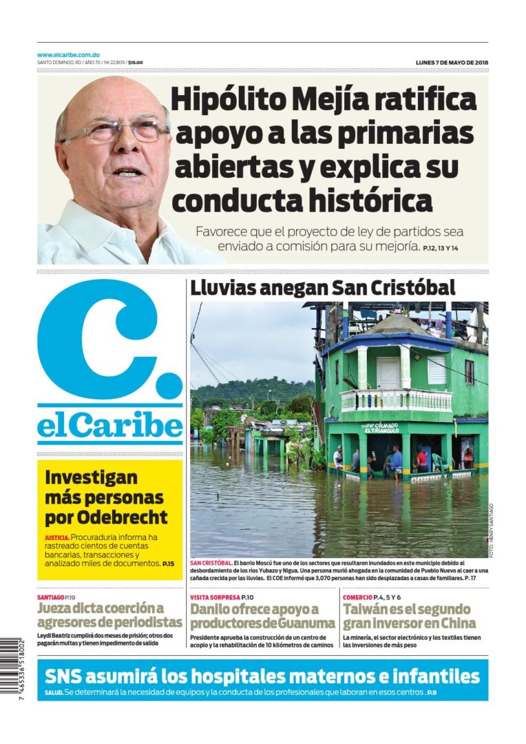 Portada Periódico El Caribe, Lunes 07 de Mayo 2018