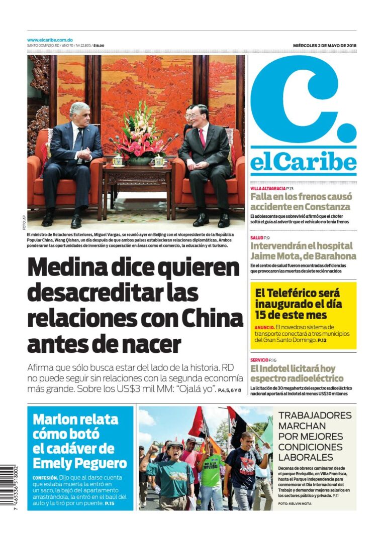 Portada Periódico El Caribe, Miércoles 02 de Mayo 2018