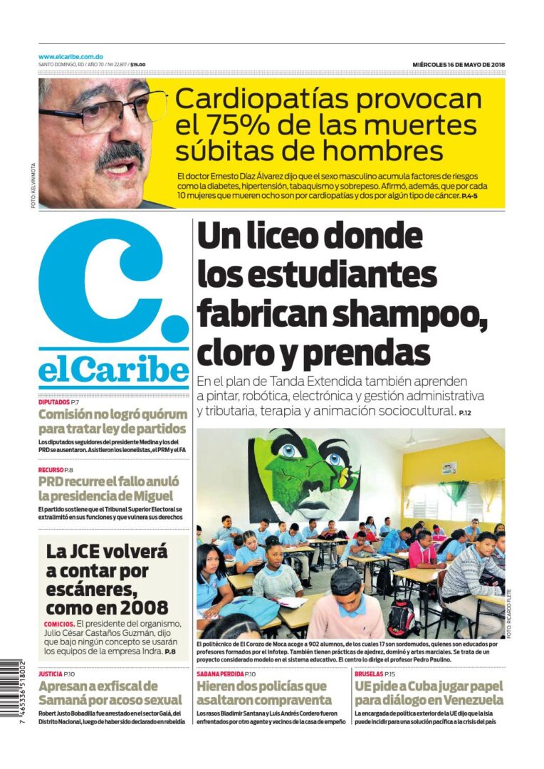 Portada Periódico El Caribe, Miércoles 16 de Mayo 2018