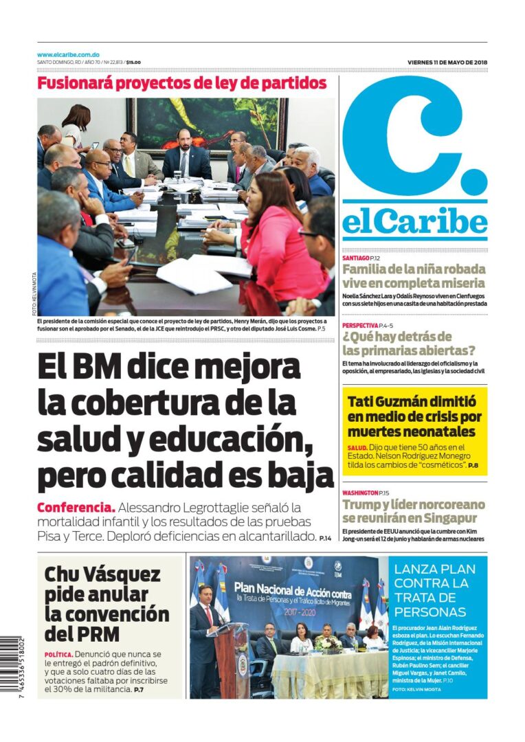 Portada Periódico El Caribe, Viernes 11 de Mayo 2018