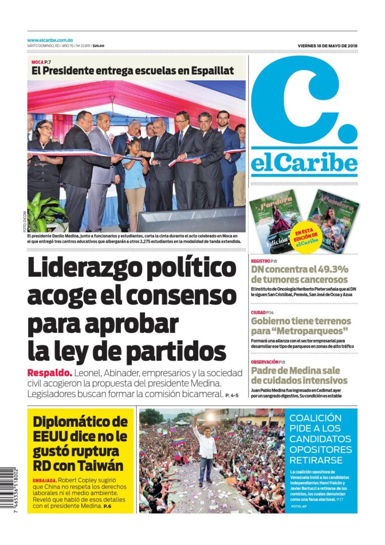 Portada Periódico El Caribe, Viernes 18 de Mayo 2018
