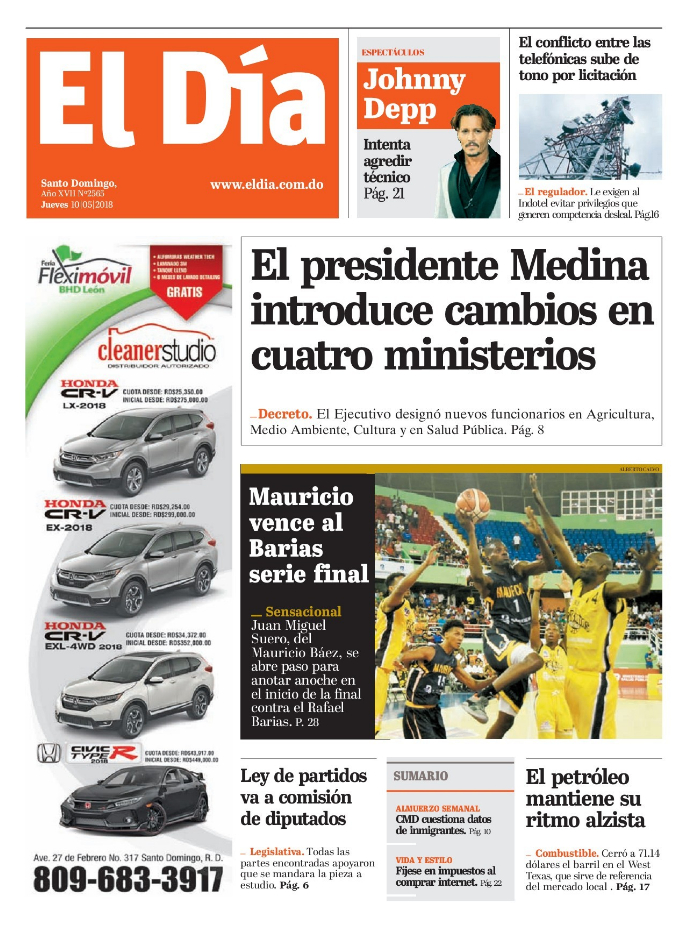 Portada Periódico El Día, Jueves 10 de Mayo 2018