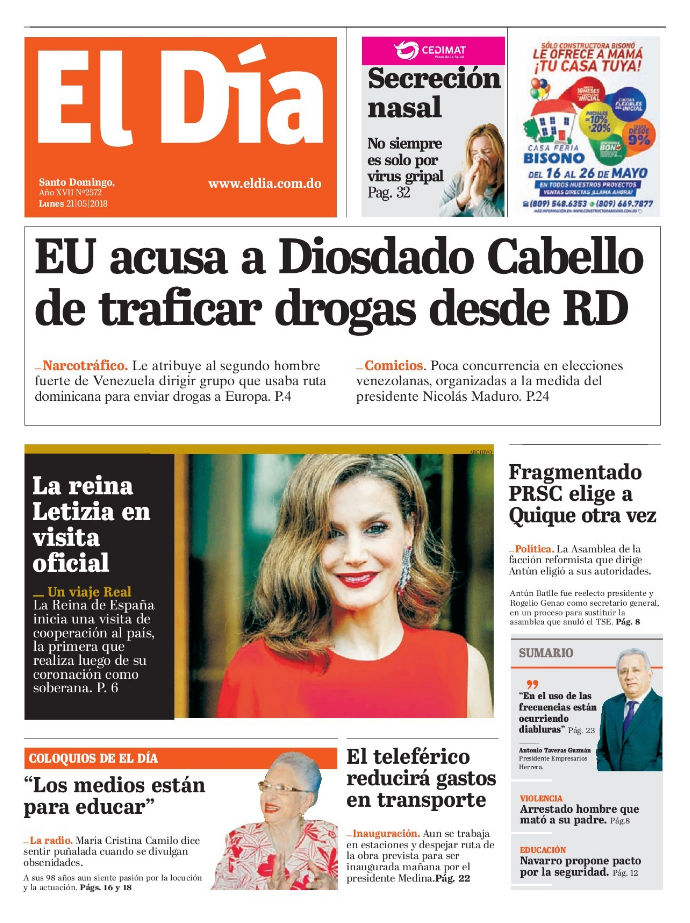 Portada Periódico El Día, Lunes 21 de Mayo 2018