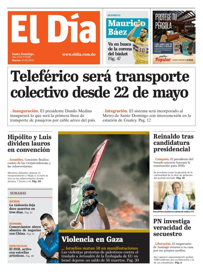 Portada Periódico El Día, Martes 15 de Mayo 2018