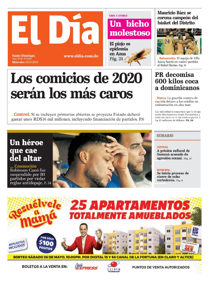 Portada Periódico El Día, Miércoles 16 de Mayo 2018