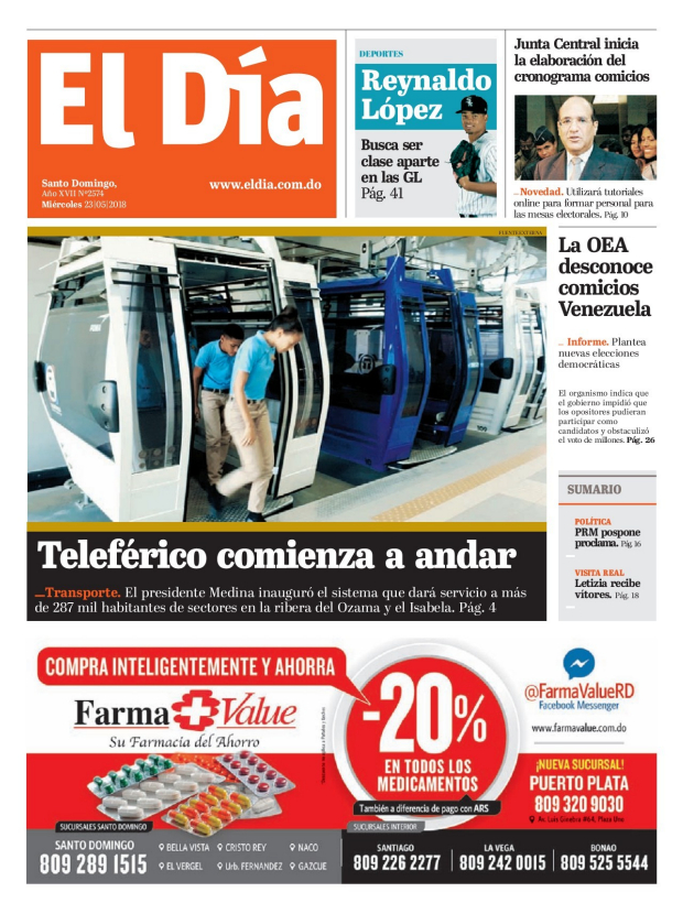 Portada Periódico El Día, Miércoles 23 de Mayo 2018