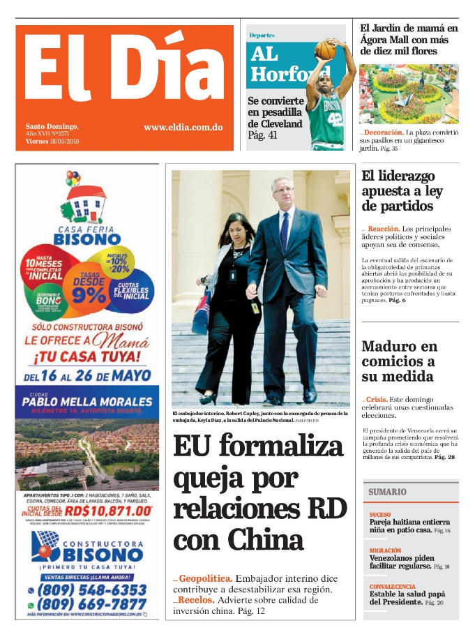 Portada Periódico El Día, Viernes 18 de Mayo 2018