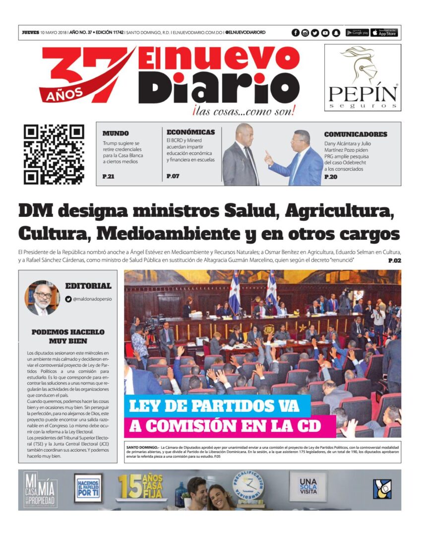 Portada Periódico El Nuevo Diario, Jueves 10 de Mayo 2018