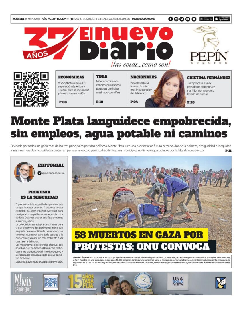 Portada Periódico El Nuevo Diario, Martes 15 de Mayo 2018