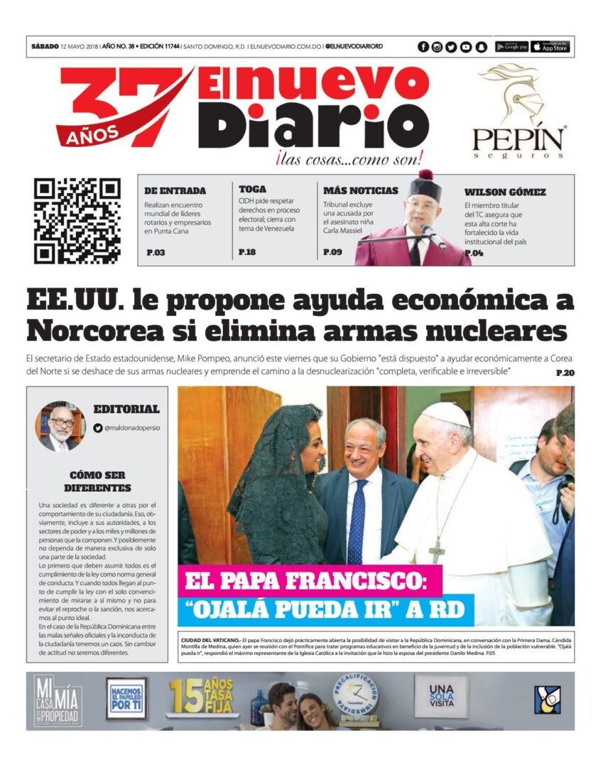 Portada Periódico El Nuevo Diario, Sábado 12 de Mayo 2018